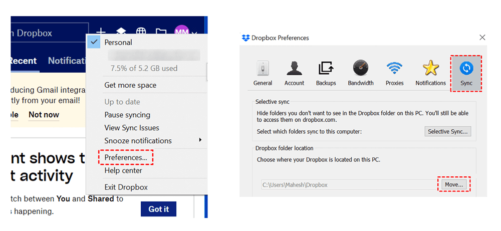 Dropbox Folder Location Move Option