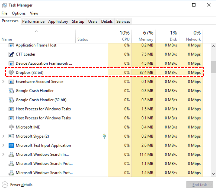 Dropbox in Task Manager