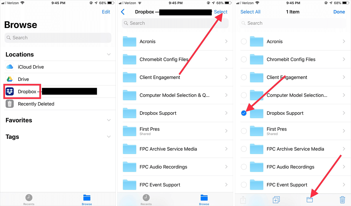 Select Dropbox Files on iPhone Files App