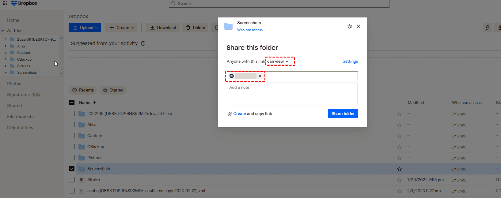 Share Dropbox with View Access