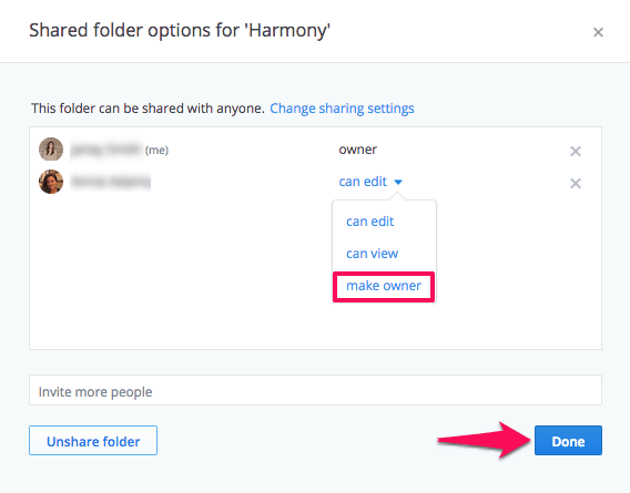 Make Owner of a Dropbox Shared Folder