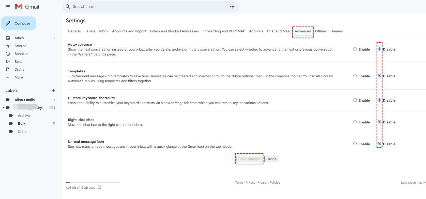 Disable All Gmail Advanced Settings