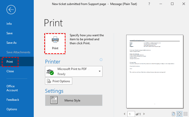 Print Gmail Emails in Outlook