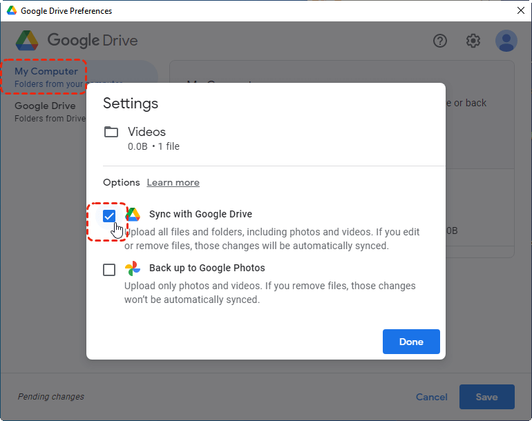 Select Data to Sync with Google Drive