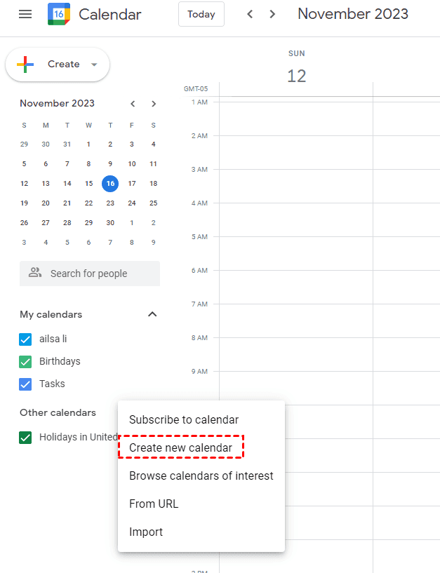 Create New Calendar in Google