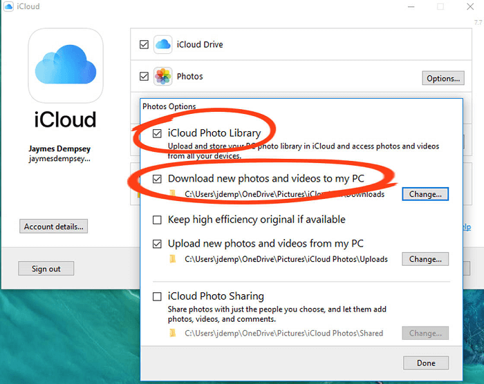 Choose iCloud Photos Library and Download New Photos and Videos to My PC