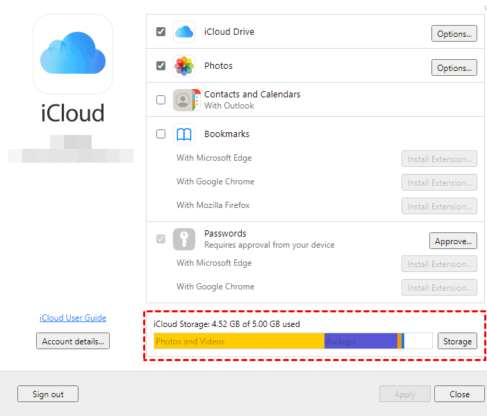 Check iCloud Storage on iCloud for Windows