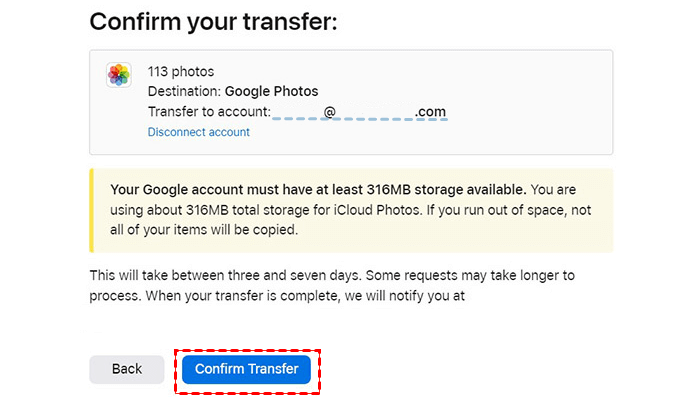 Confirm Transfer of iCloud Photos to Google Photos Backup