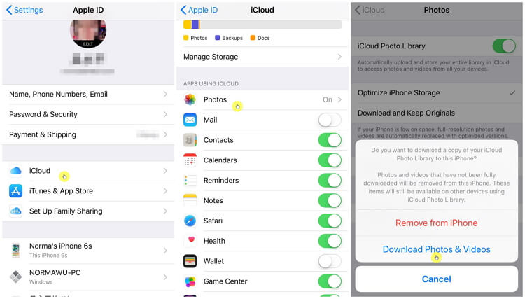Turn off iCloud Photos and Download to iPhone