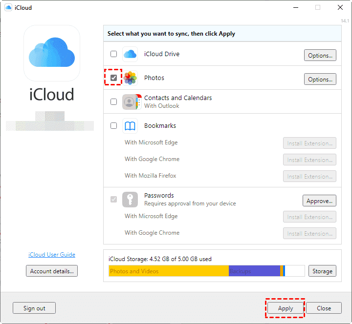 Apply Photos Sync in iCloud for Windows