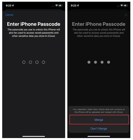 Enter iPhone Passcode and Merge iPhone Data