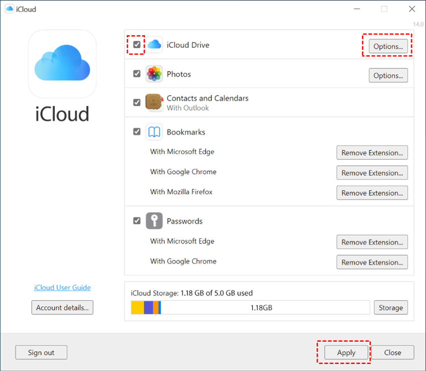 Choose iCloud Services to Sync on iCloud for Windows