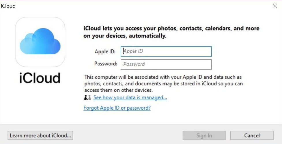iCloud for Windows Sign In