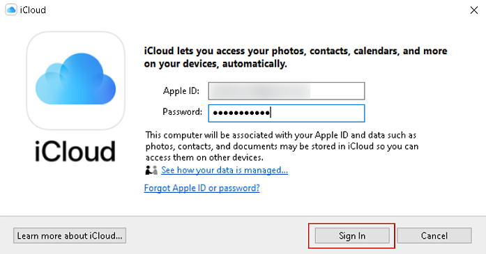 Sign in on iCloud for Windows