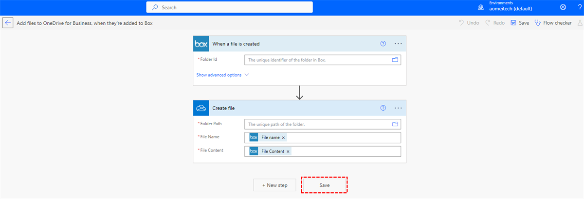 Configure Box to OneDrive for Business Flow and Save