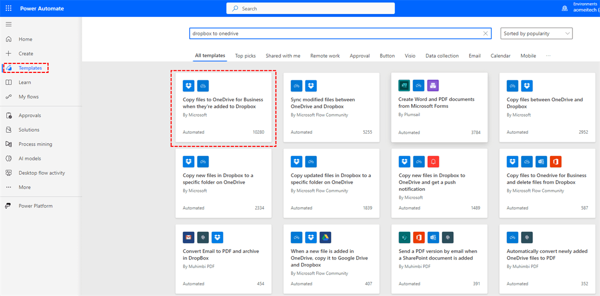 Search Dropbox to OneDrive for Business Flow
