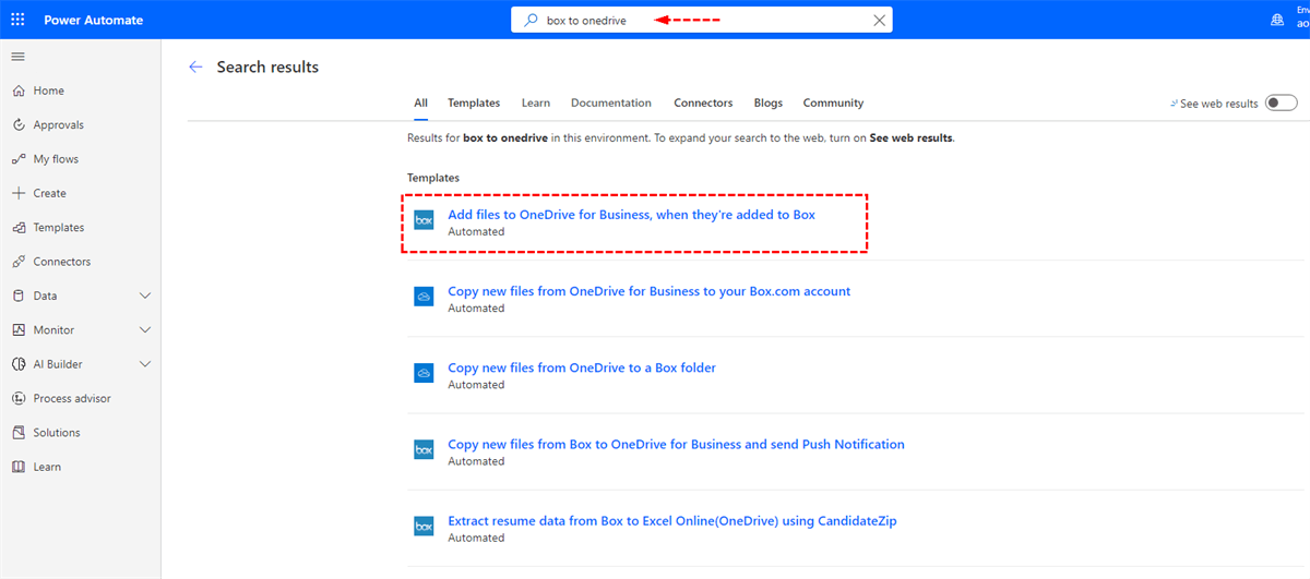 Search Box to OneDrive for Business Flow