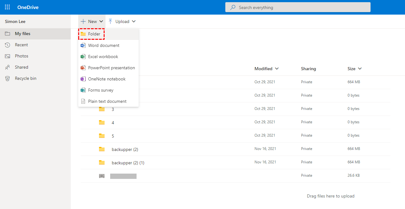 Add New Folder in OneDrive