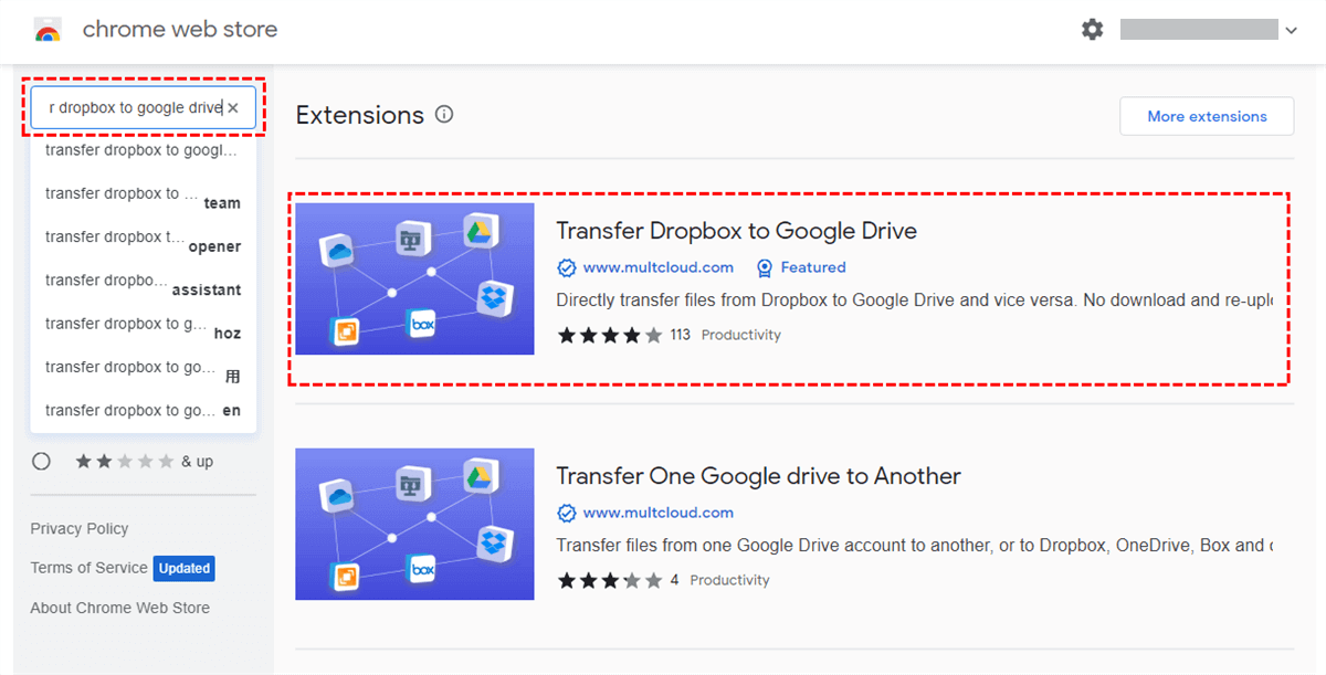 Search for Transfer Dropbox to Google Drive