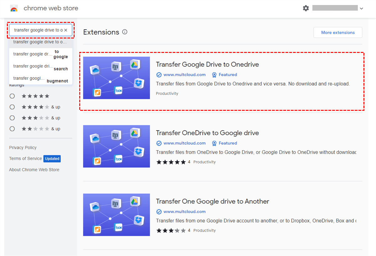 Search for Transfer Google Drive to OneDrive