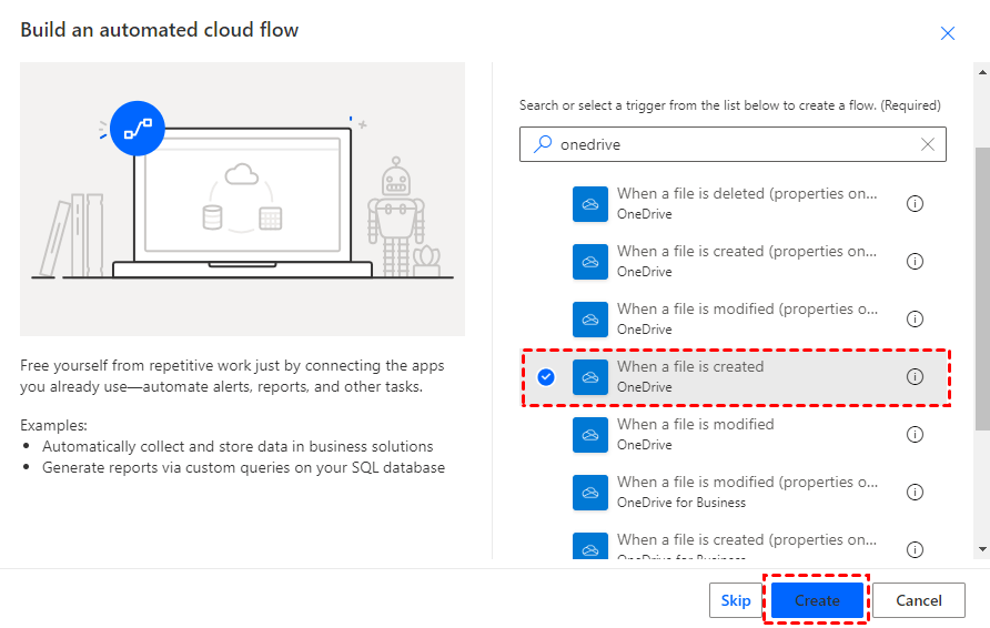 Choose OneDrive When a File is Created