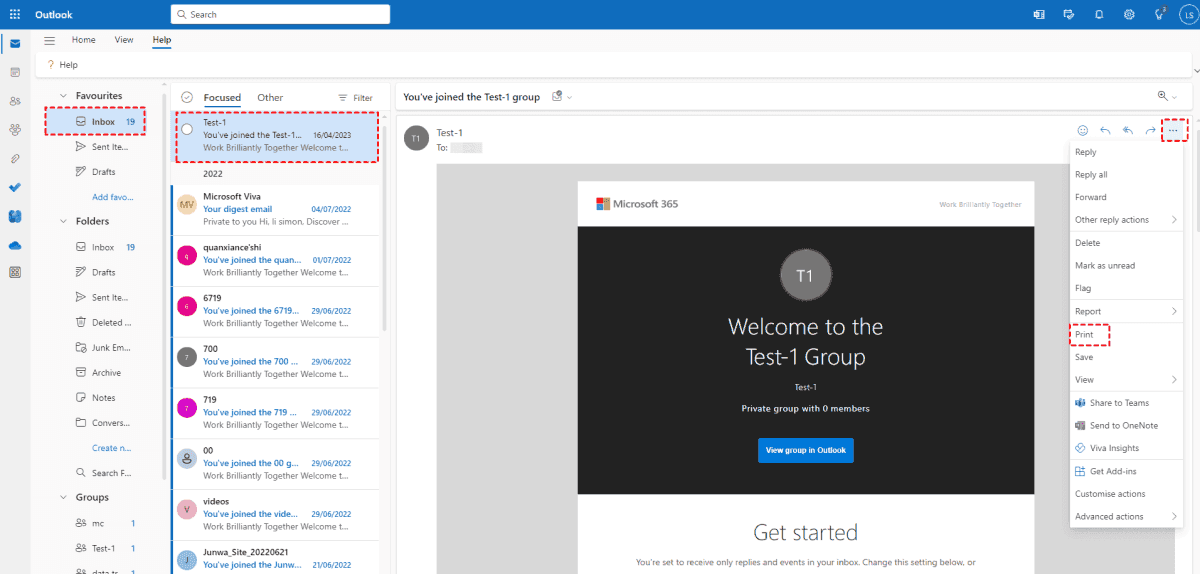 Click Print in Outlook