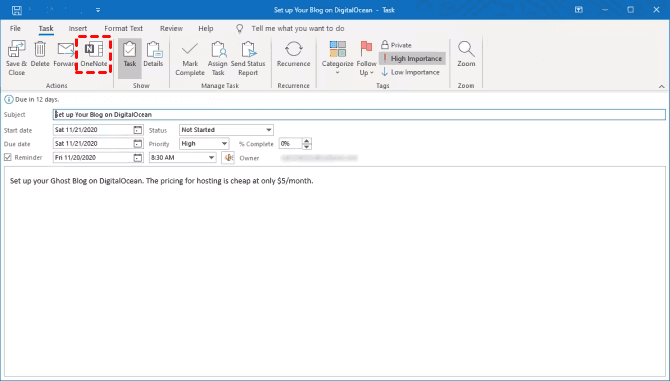 Save Outlook Tasks with OneNote