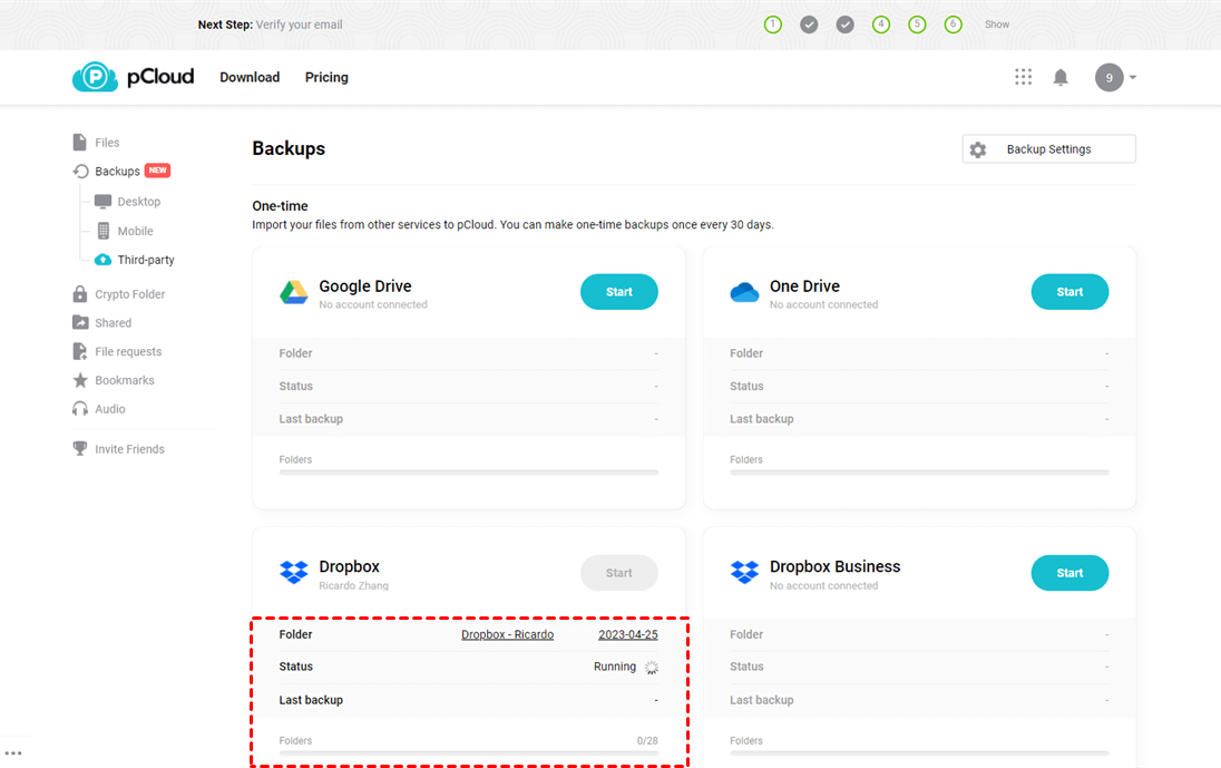 Status of Backing up Dropbox to pCloud