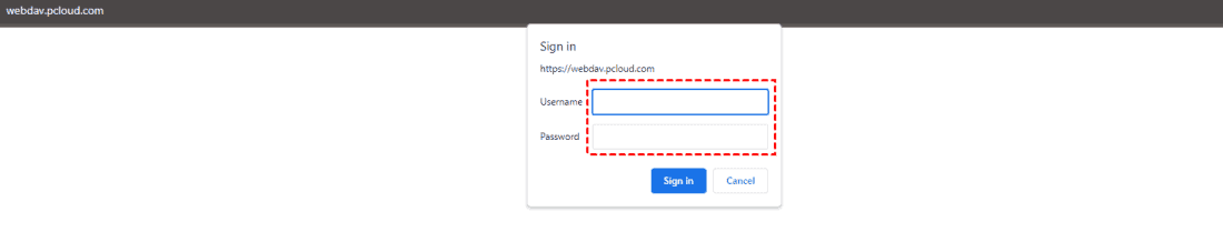 Sign in to pCloud via WebDAV