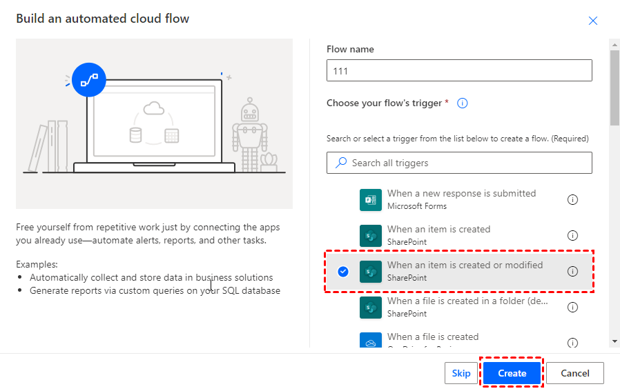 Choose SharePoint-When an Item is Created or Modified