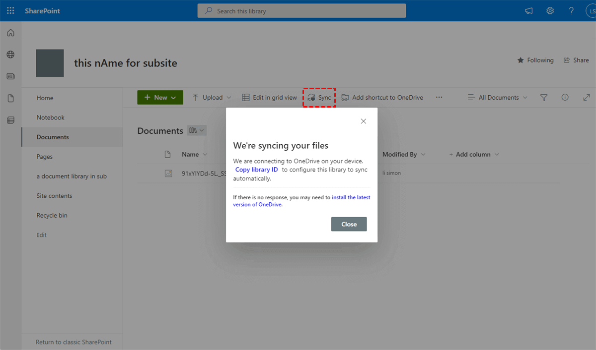 Click Sync in SharePoint Online Documents Library