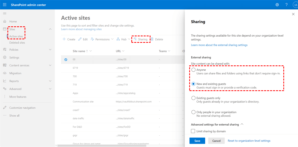 SharePoint Online External Sharing at Site Level