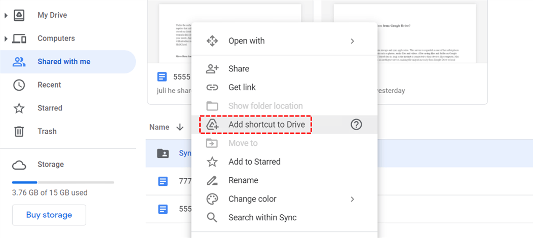 Add Shortcut of Shared Contents to Drive