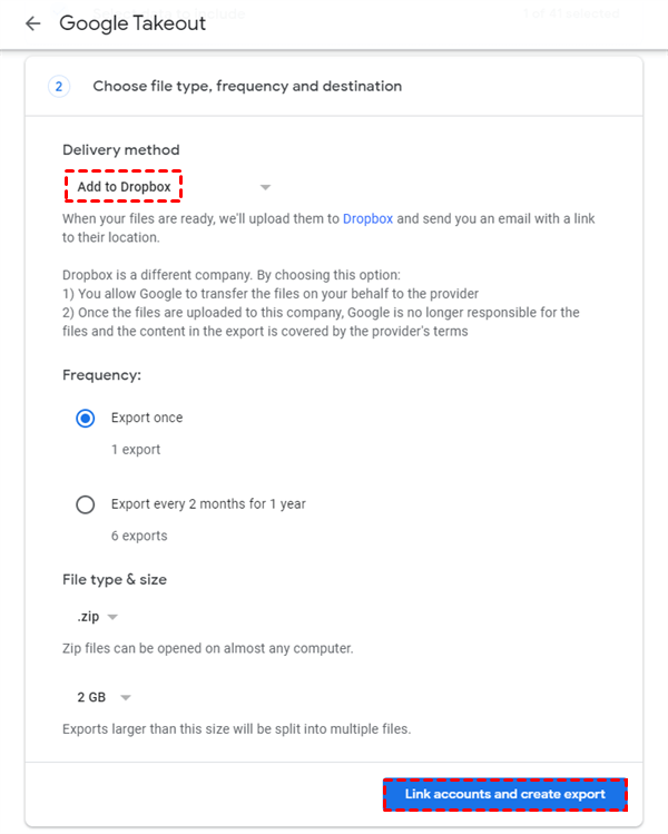 Choose Dropbox to Connect with Google Drive in Google Takeout