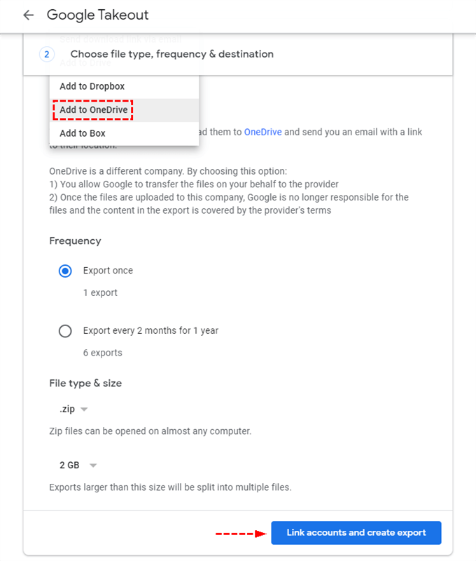 Add to OneDrive Selection in Google Takeout