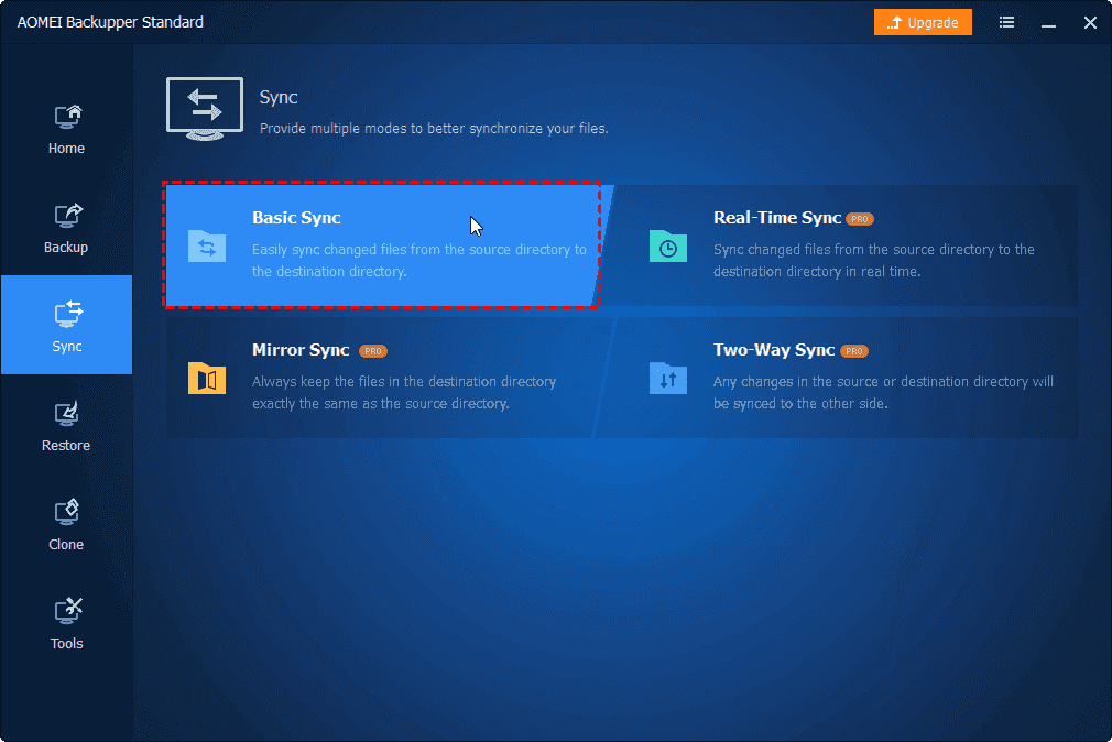Choose Basic Sync in AOMEI Backupper Standard