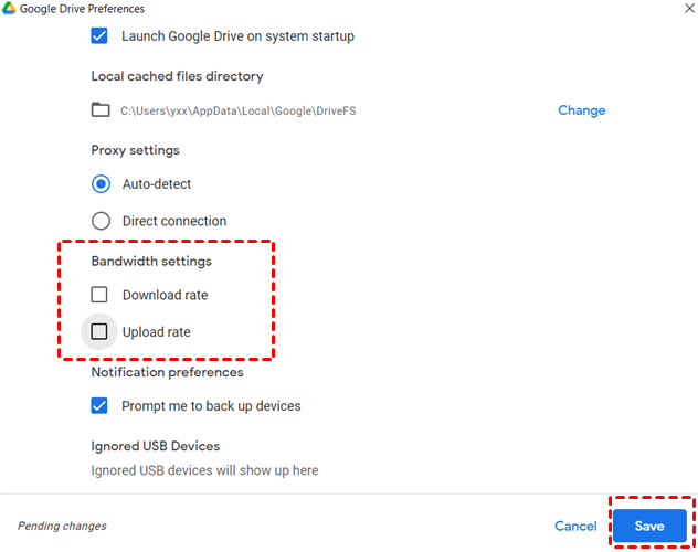 Google Drive Sync Bandwidth Settings