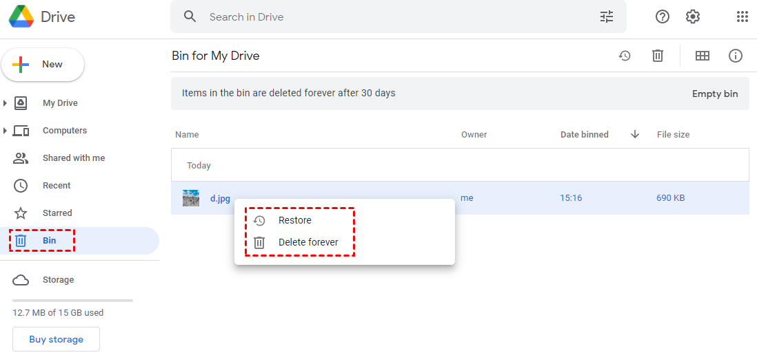 Bin Folder in Google Drive Website