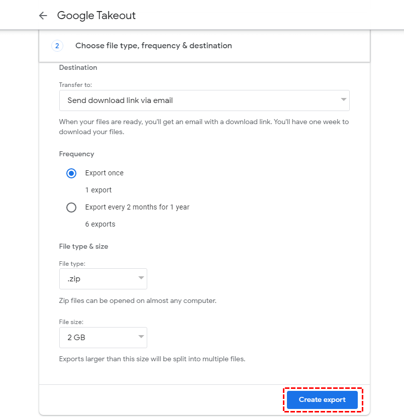 Export from G Suite to Google Drive in Google Takeout