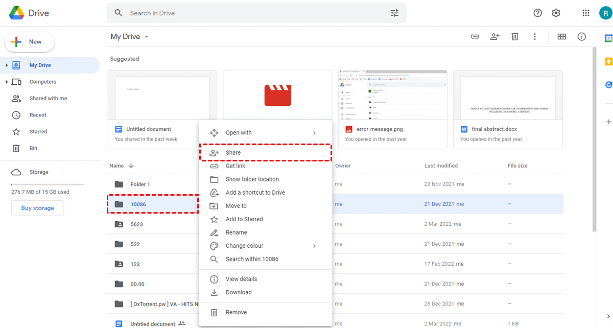 Select Google Drive Files and Folders to Share with Someone