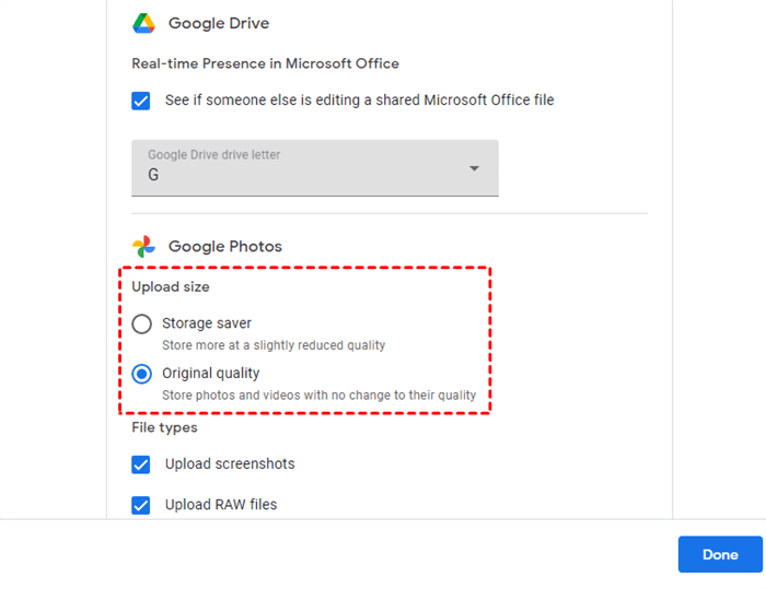 Choose the Quality to Sync with Google Drive
