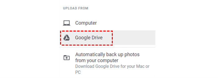 Click Google Drive to Upload on Google Photos