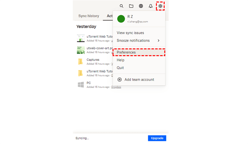 Open the Preferences in Dropbox App