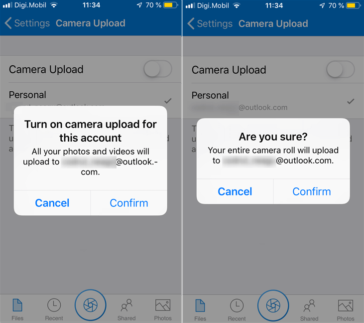 Tap Confirm to Upload iPhone Photos to OneDrive Automatically