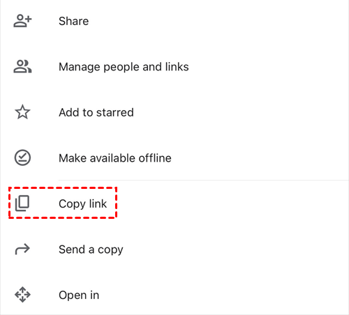 Option to Copy Link through Google Drive App