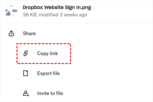 Copy Link to Share Photo on Dropbox