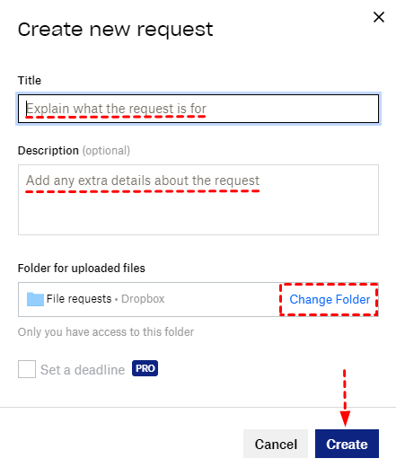 Create File Request from Dropbox Web