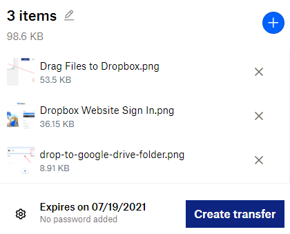 Create Transfer on Dropbox Website