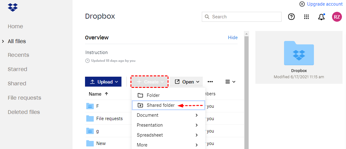 Create a Shared Folder in a Dropbox Account