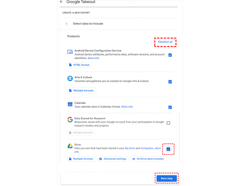 Select Google Workspace Data in Google Takeout